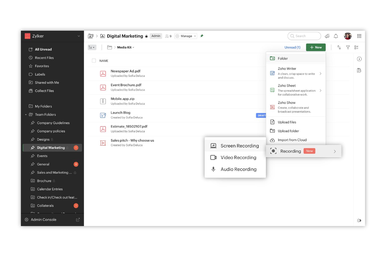 Zoho WorkDrive interface showing New menu with recording options including screen, video, and audio.