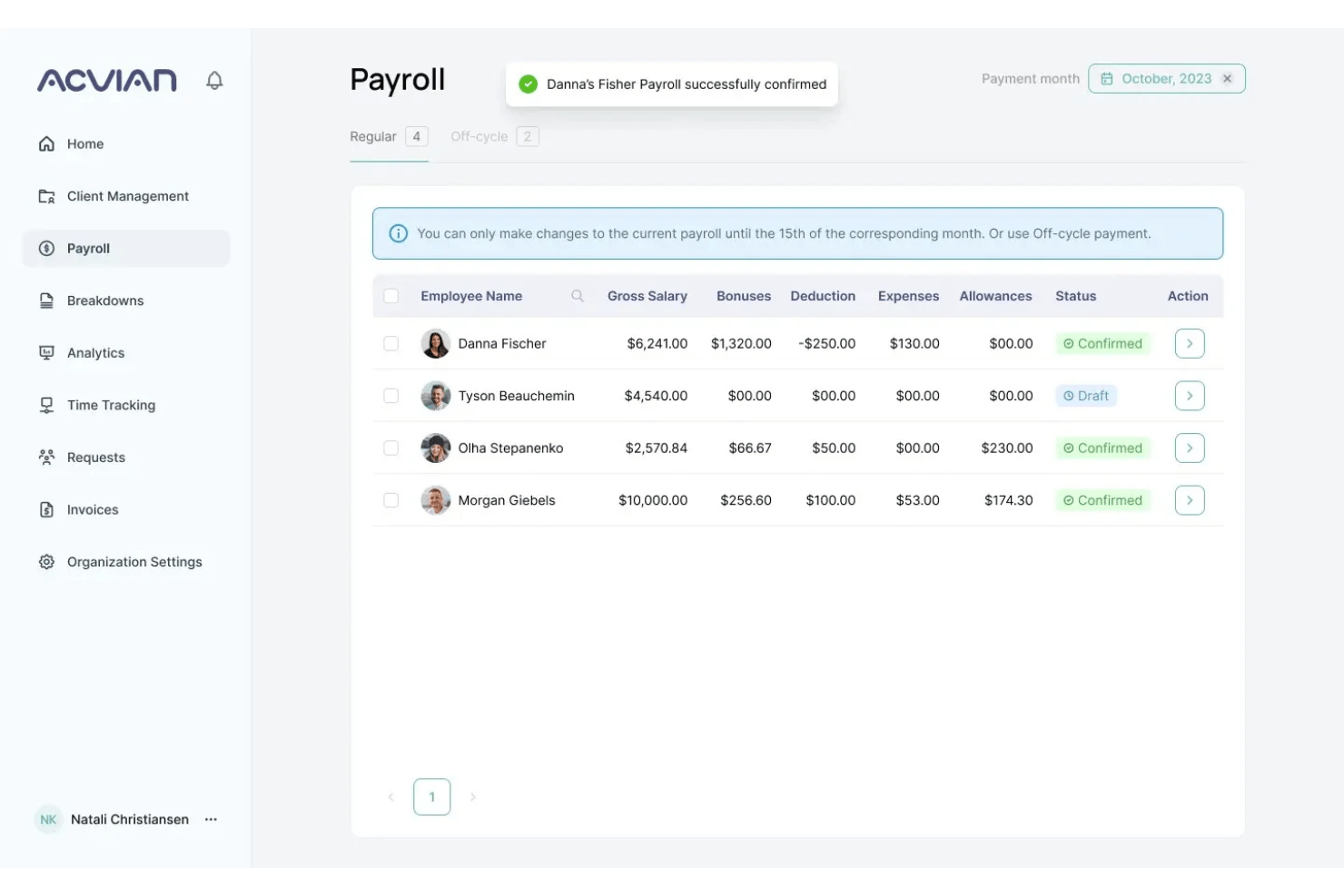 Dashboard delle buste paga di Acvian con stipendio, bonus, detrazioni e stato di conferma del dipendente.