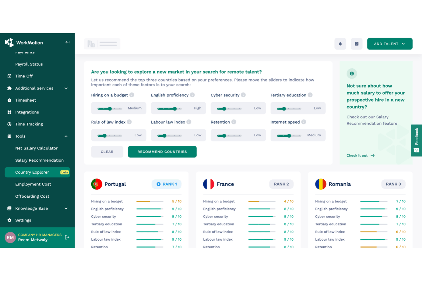 WorkMotion Country Explorer tool ranking Portugal, France, Romania by hiring factors.