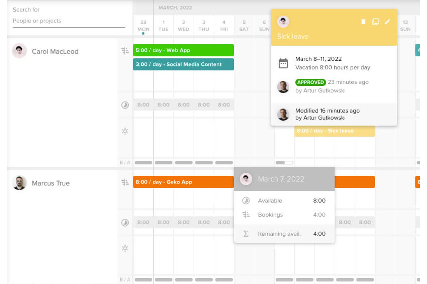Teamdeck calendar showing sick leave approval and daily booking capacity for two team members.