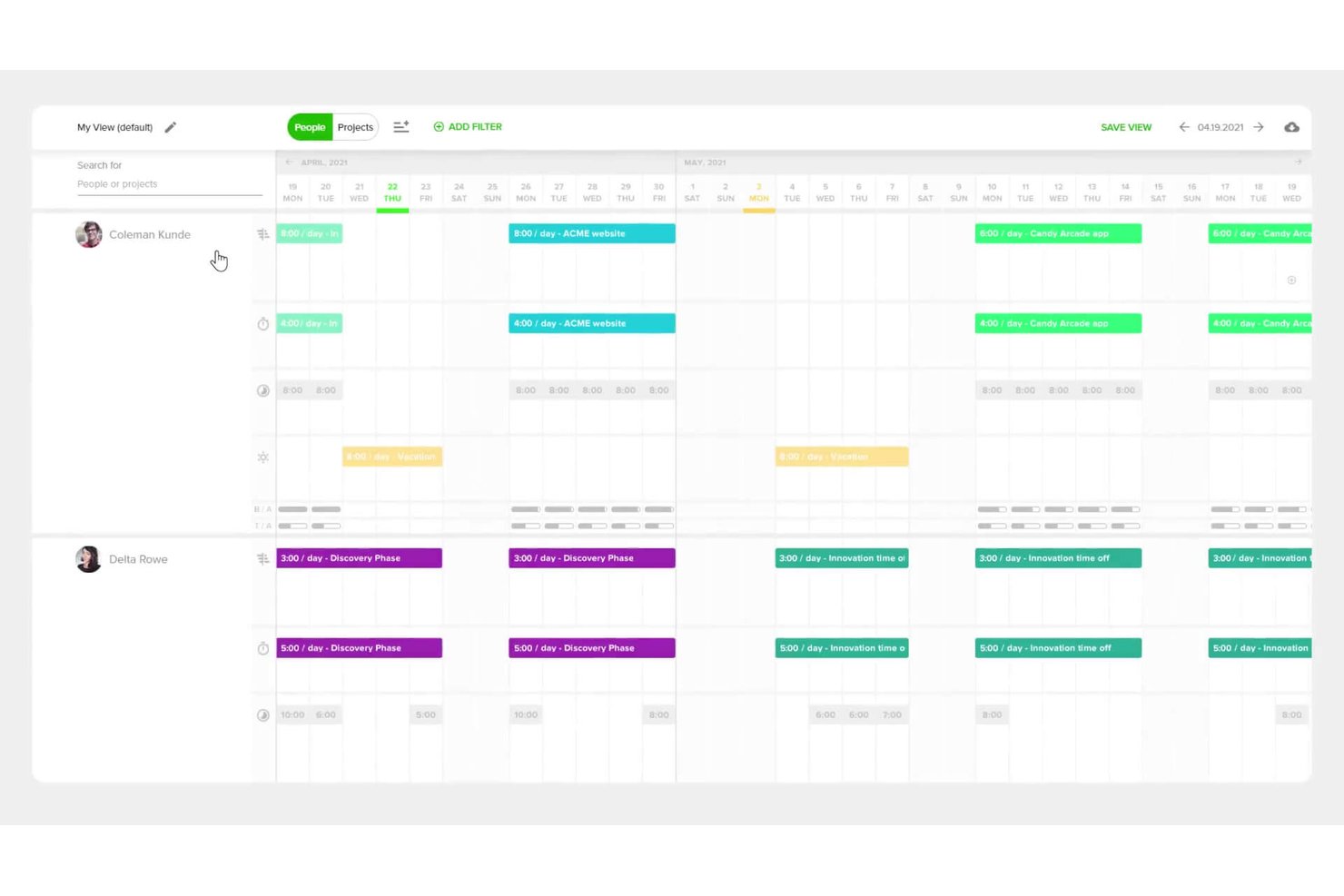 Teamdeck resource schedule showing two team members with project allocations across April and May 2021.