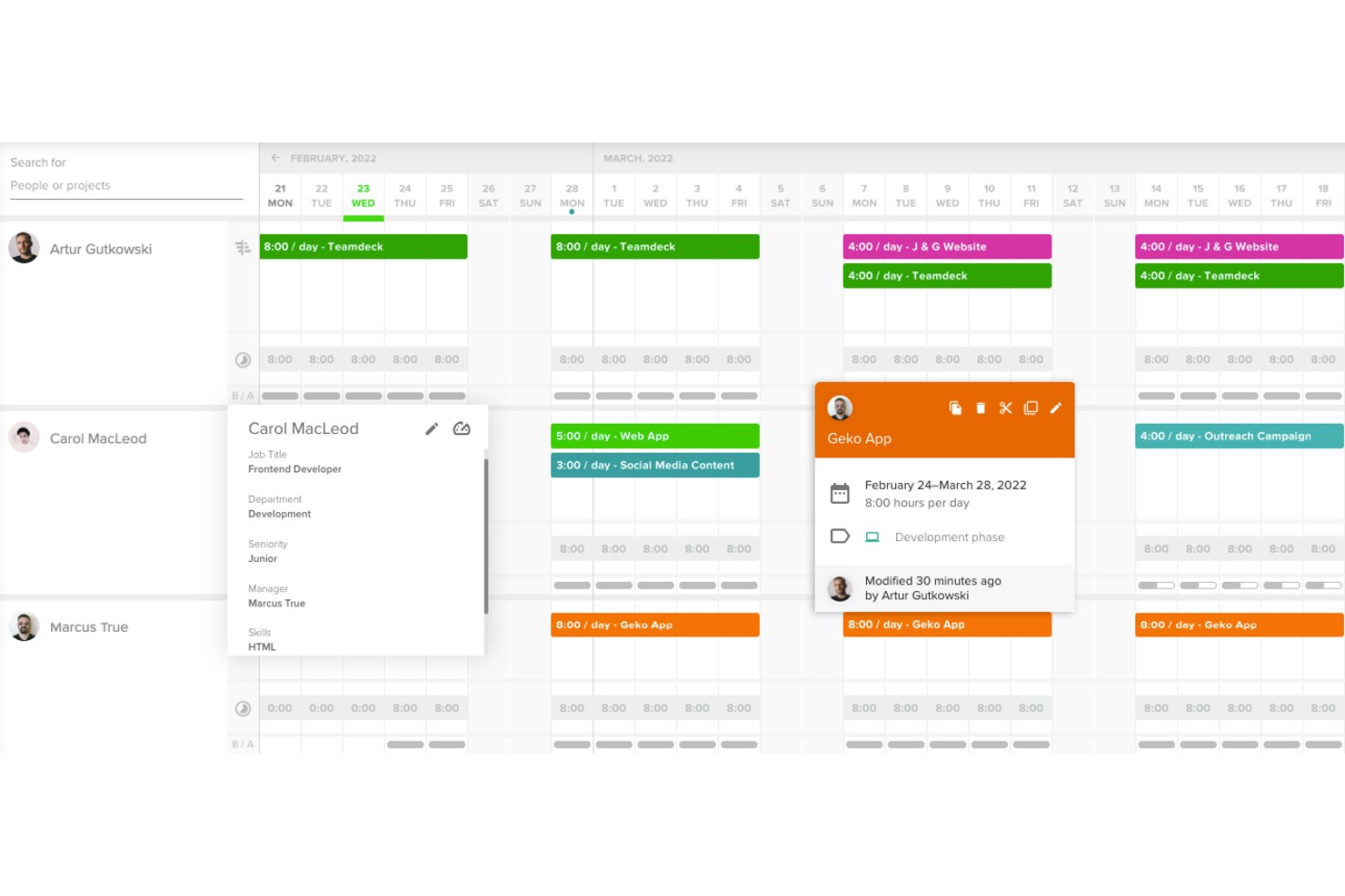 Teamdeck resource scheduling calendar showing team bookings and project assignments.