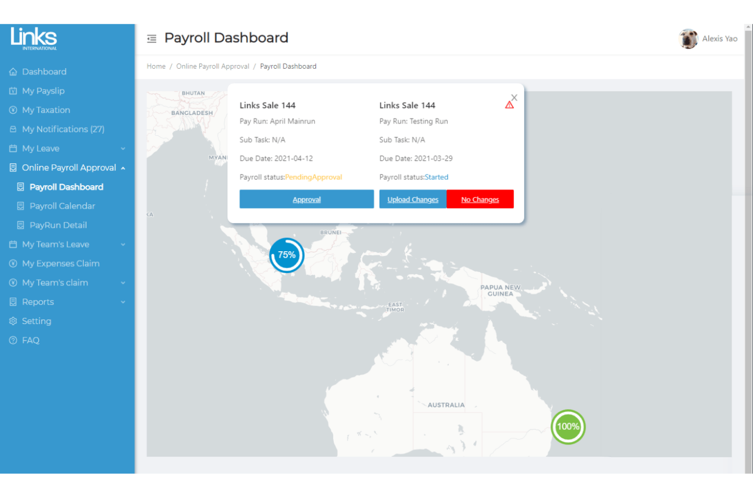 Payroll dashboard map showing pay run status popups with approval and upload options.