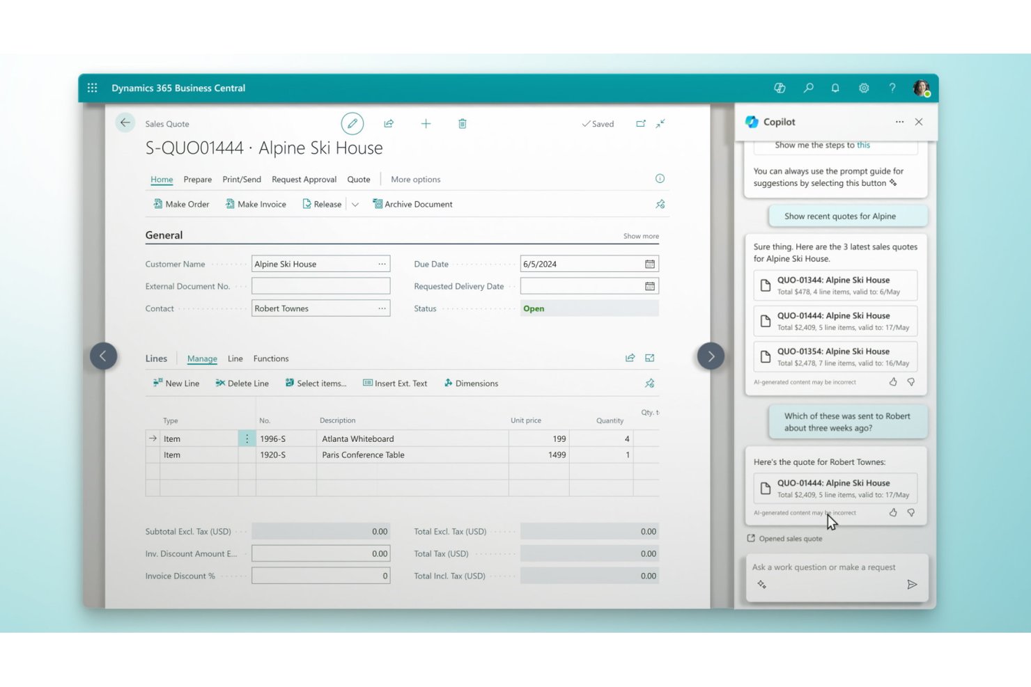 Dynamics 365 Business Central sales quote form with Copilot AI panel showing recent quotes.
