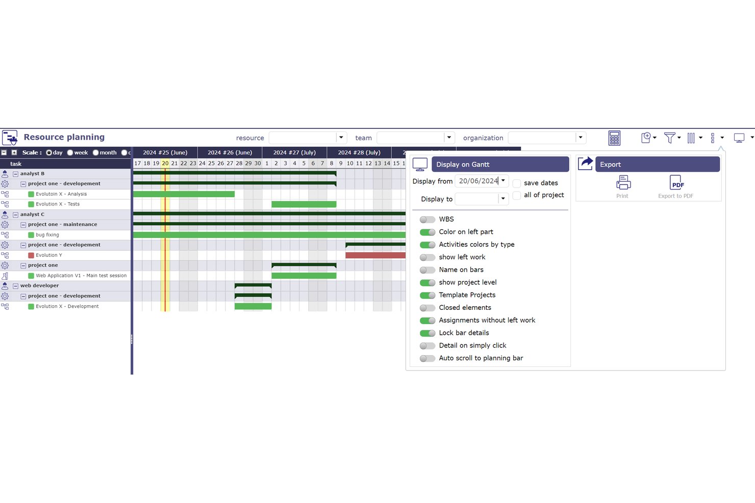ProjeQtOr resource planning Gantt chart with display settings panel open.