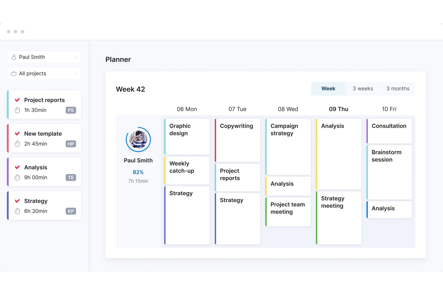 Scoro weekly planner showing tasks assigned to Paul Smith across five workdays.