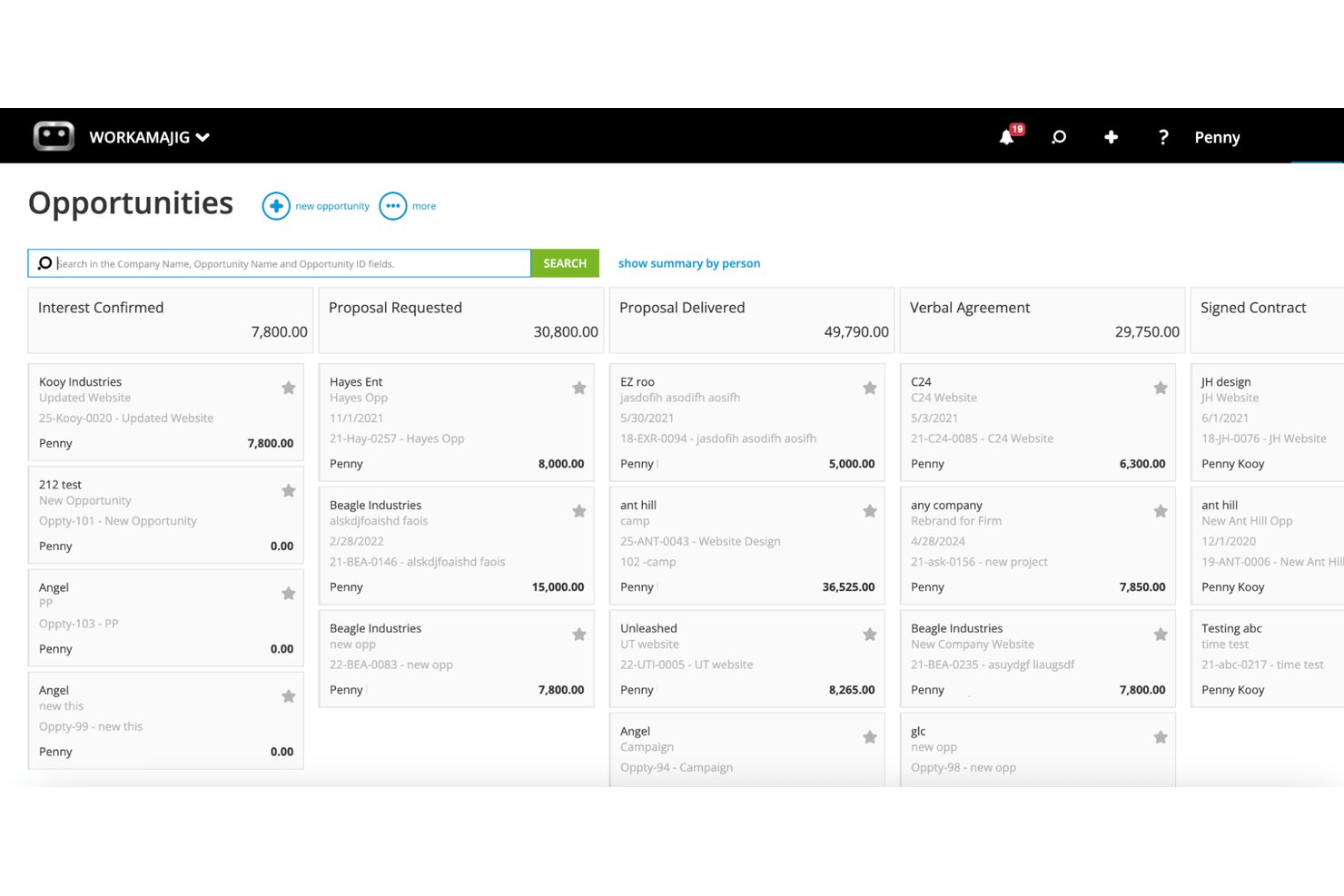 Workamajig Opportunities board showing pipeline stages with client cards and dollar values.