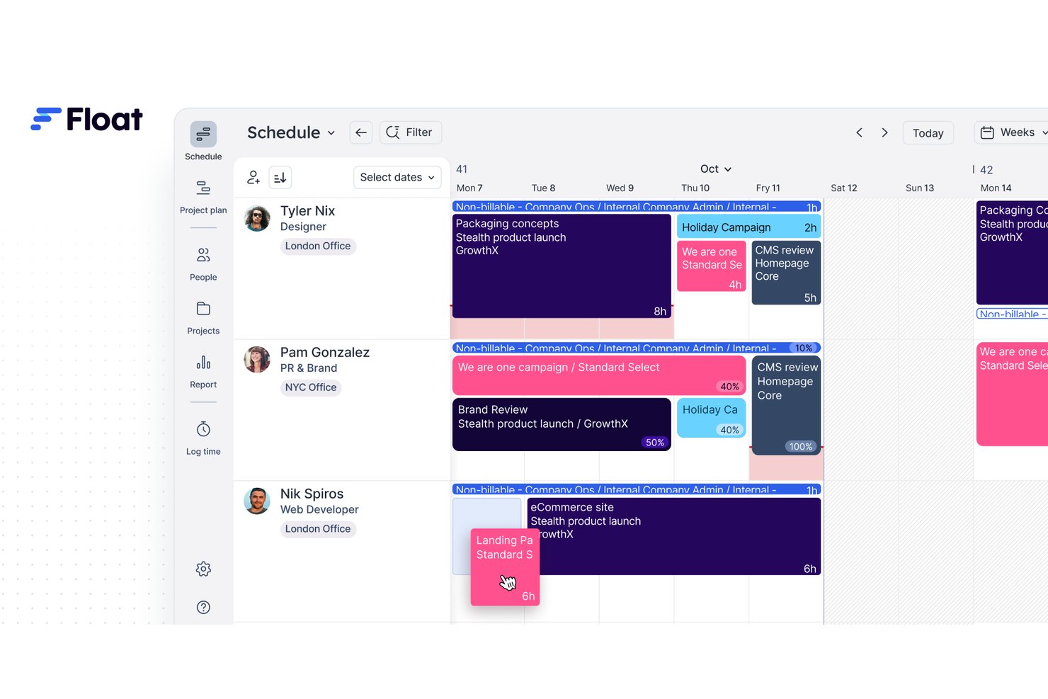 Float schedule view showing team members' weekly project allocations and tasks.