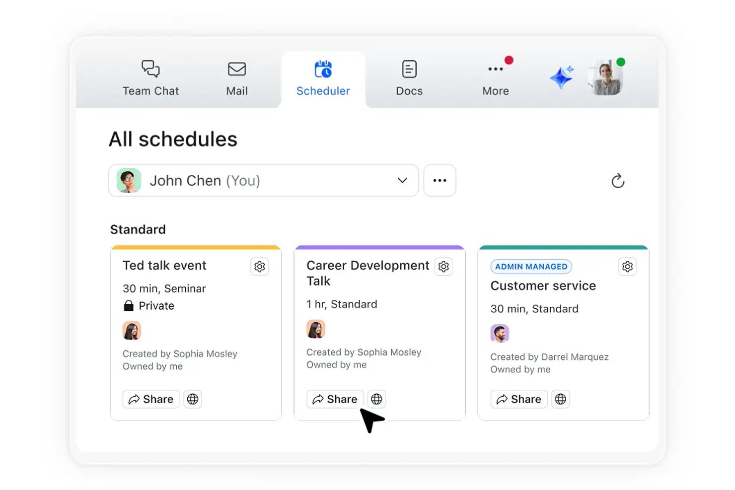 Zoom Scheduler dashboard showing three scheduling templates with share options.