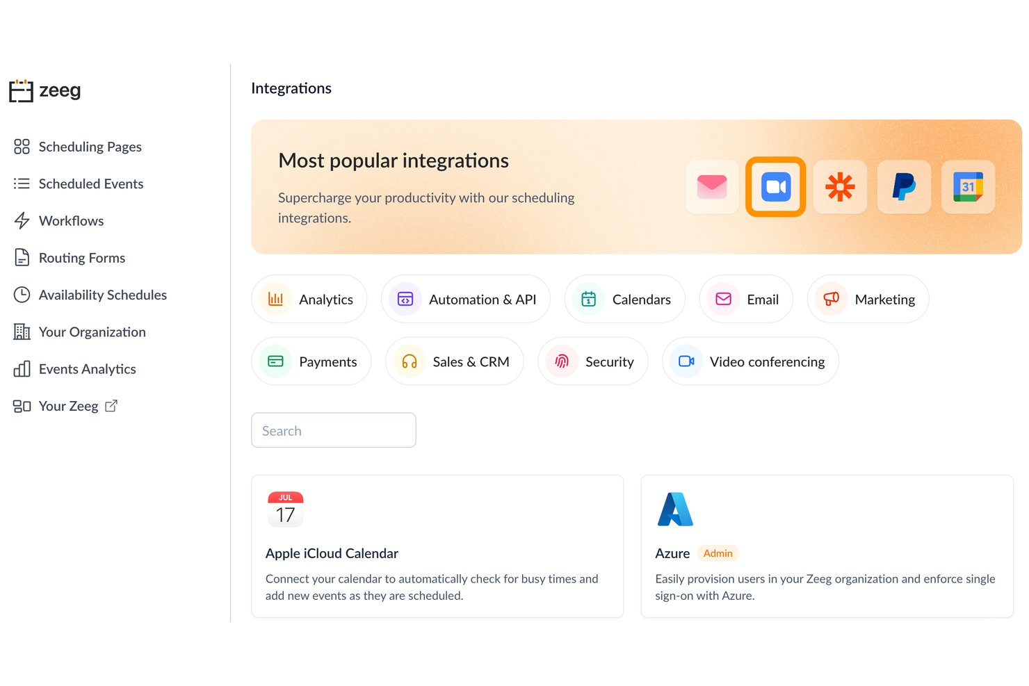 Zeeg integrations page showing categories like calendars, payments, and video conferencing.