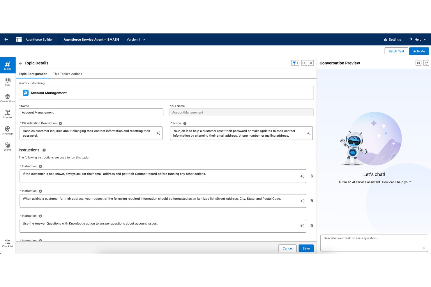 Salesforce Agentforce Builder showing Account Management topic configuration with instructions and conversation preview.