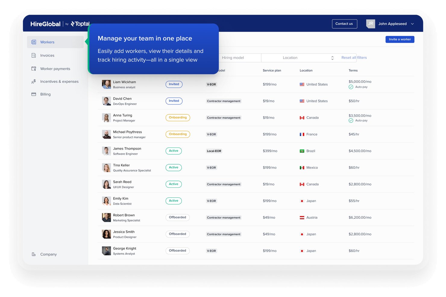HireGlobal-Dashboard mit einer Auflistung von Mitarbeitenden einschließlich Status, Einstellungsmodell, Standort und Vertragsbedingungen.