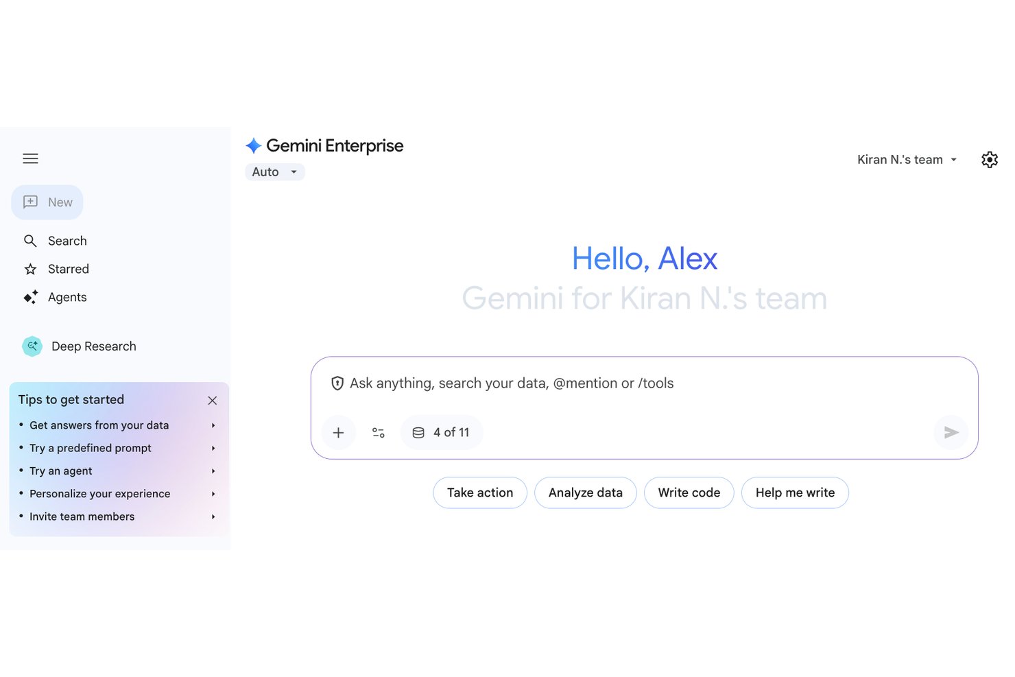 Gemini Enterprise chat interface with prompt box and quick-action buttons for business tasks.