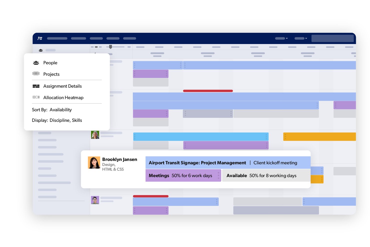 Smartsheet resource planning timeline showing role-based assignments and availability popup.