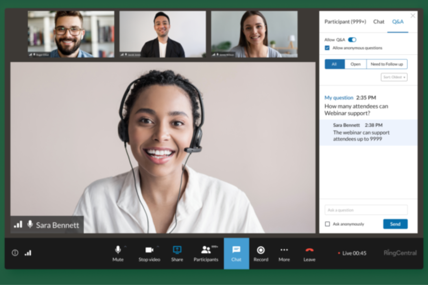 RingCentral Webinar interface showing host video, participants, and Q&amp;A panel.