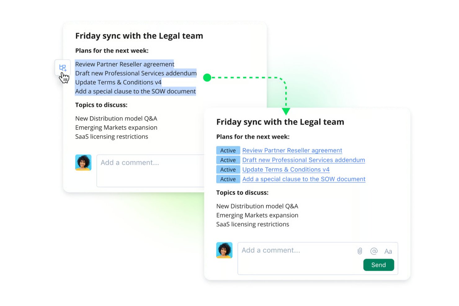 UI showing meeting notes transformed into active linked tasks with status badges.