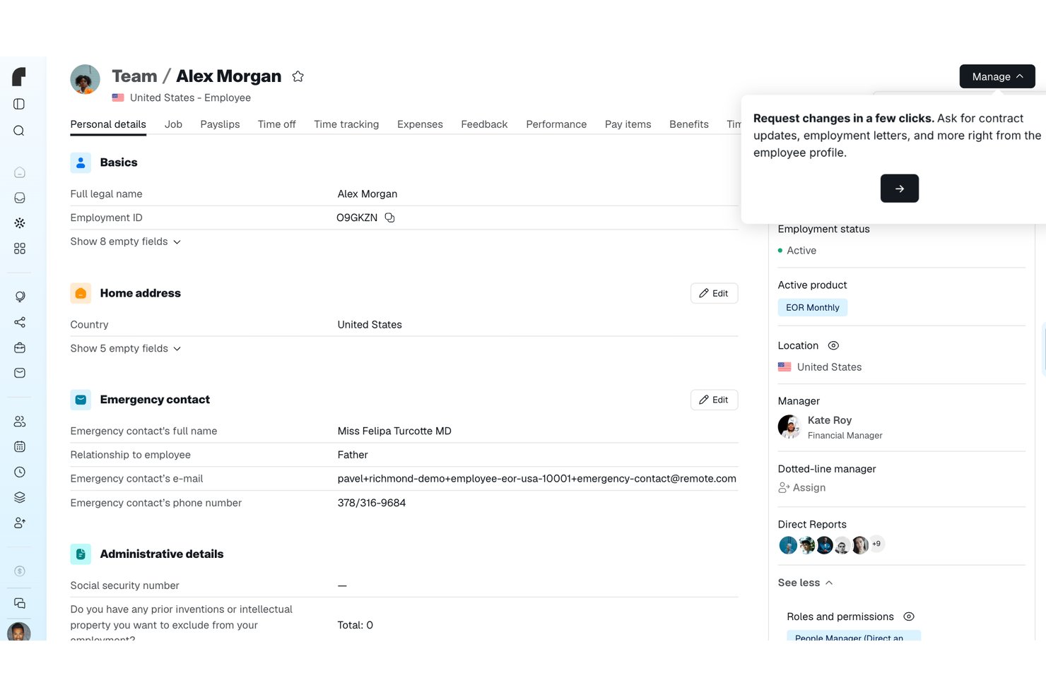 Página de perfil de empleado de Remote que muestra datos personales, contacto de emergencia e información del gerente.