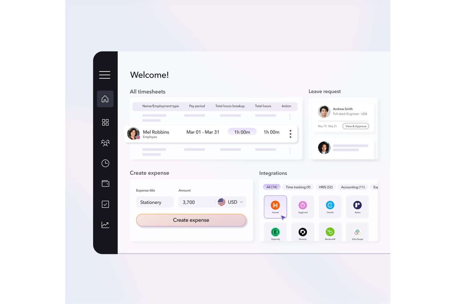 Payoneer Workforce Management-dashboard, der viser timesedler, oprettelse af udgifter, anmodninger om fravær og integrationer.
