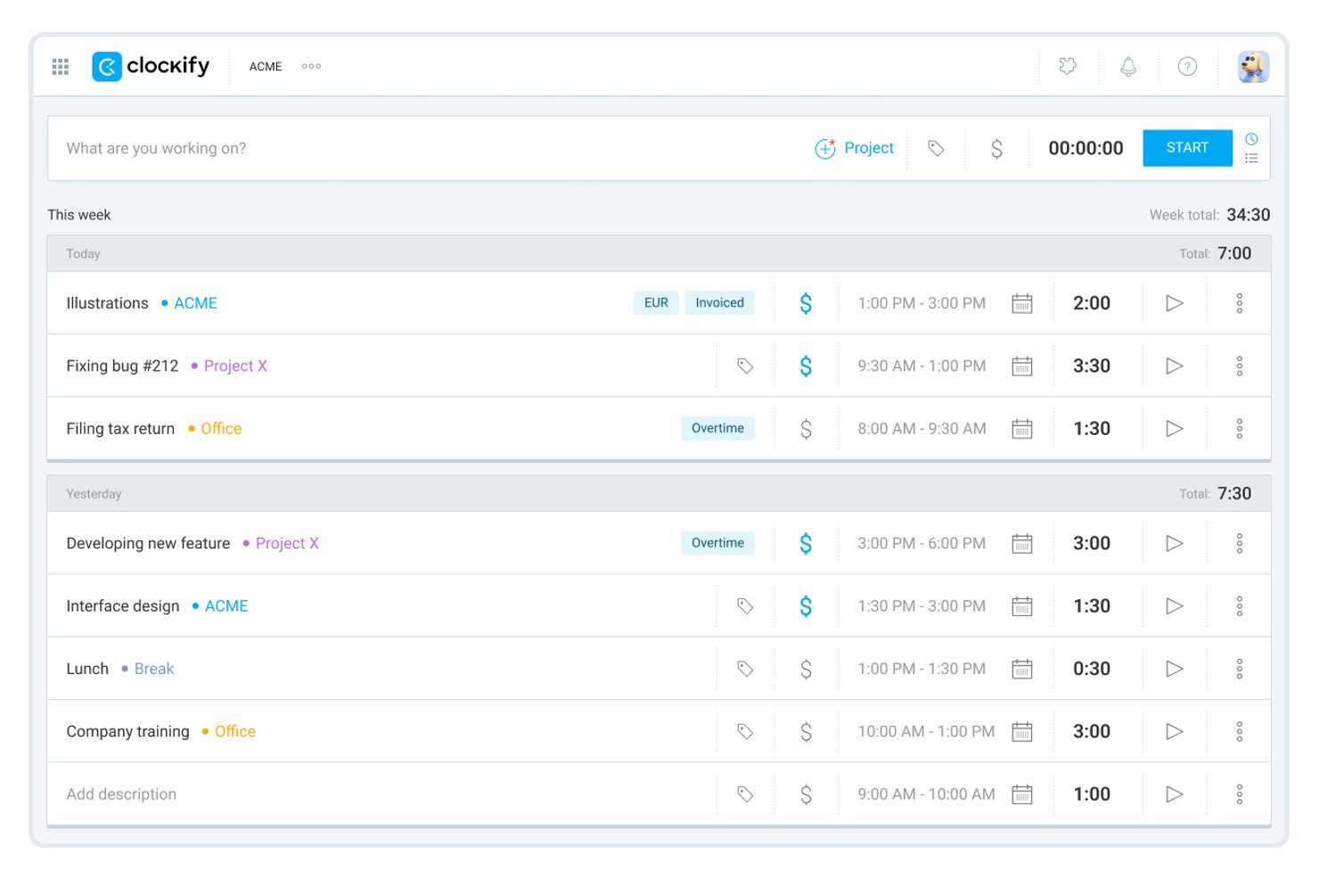 Clockify time tracker dashboard showing weekly time entries grouped by day.