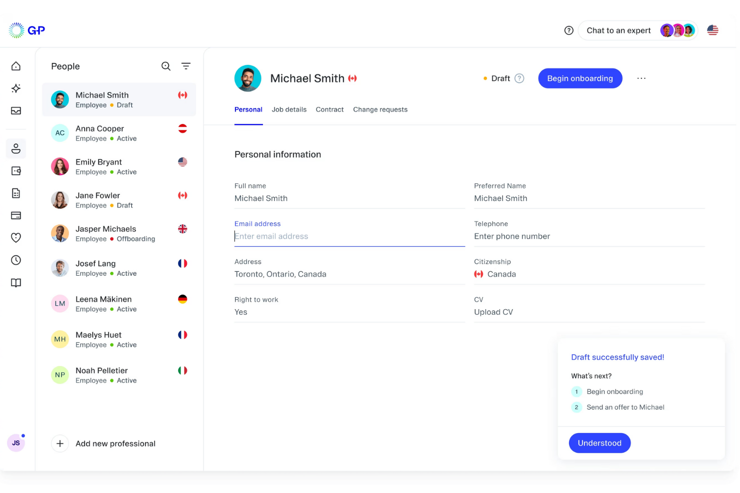 Tableau de bord d’Oyster HR affichant les statistiques de l’équipe, le fil d’activité et une carte du monde indiquant 19 employés.