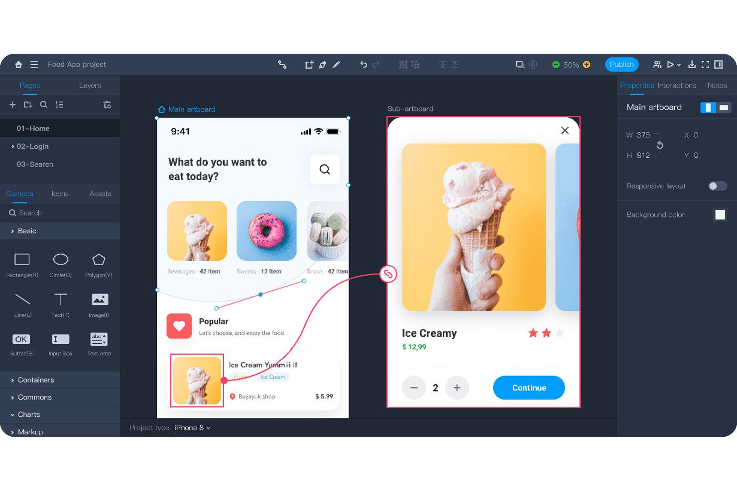 Interfaz de Mockplus que muestra un prototipo de aplicación de comida con mesas de trabajo vinculadas y un panel de componentes.