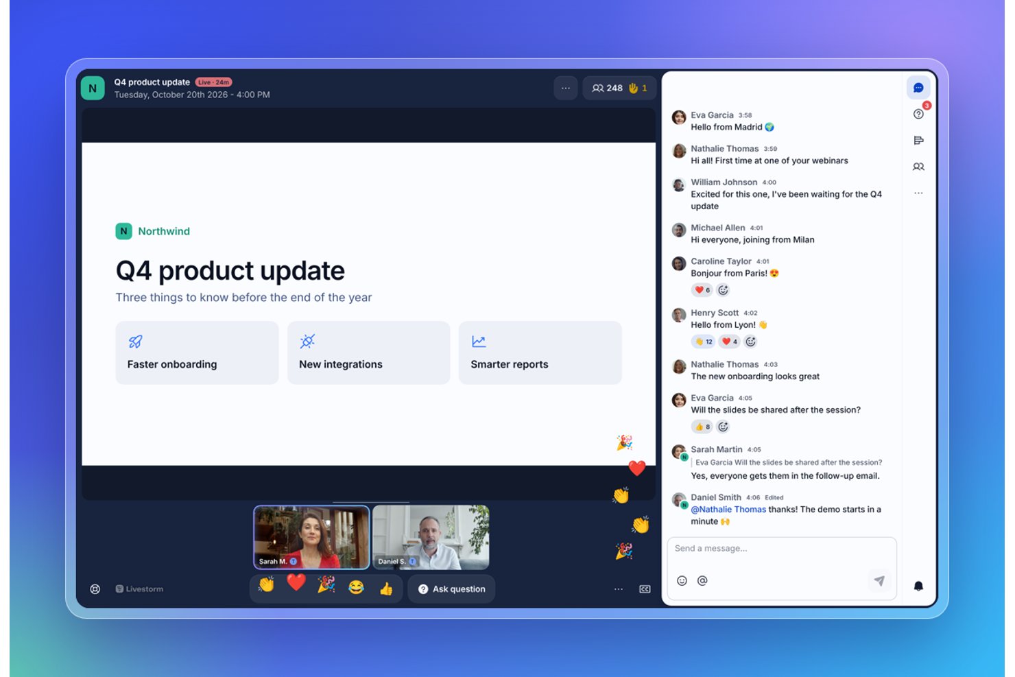 Livestorm webinar interface showing live chat, slide presentation, and two speakers.