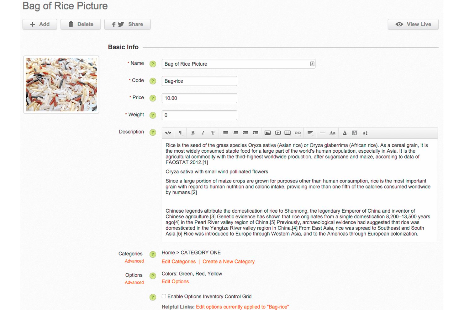 Page de modification d’un produit Volusion affichant les champs du nom, du prix, de la description et des options de couleur.