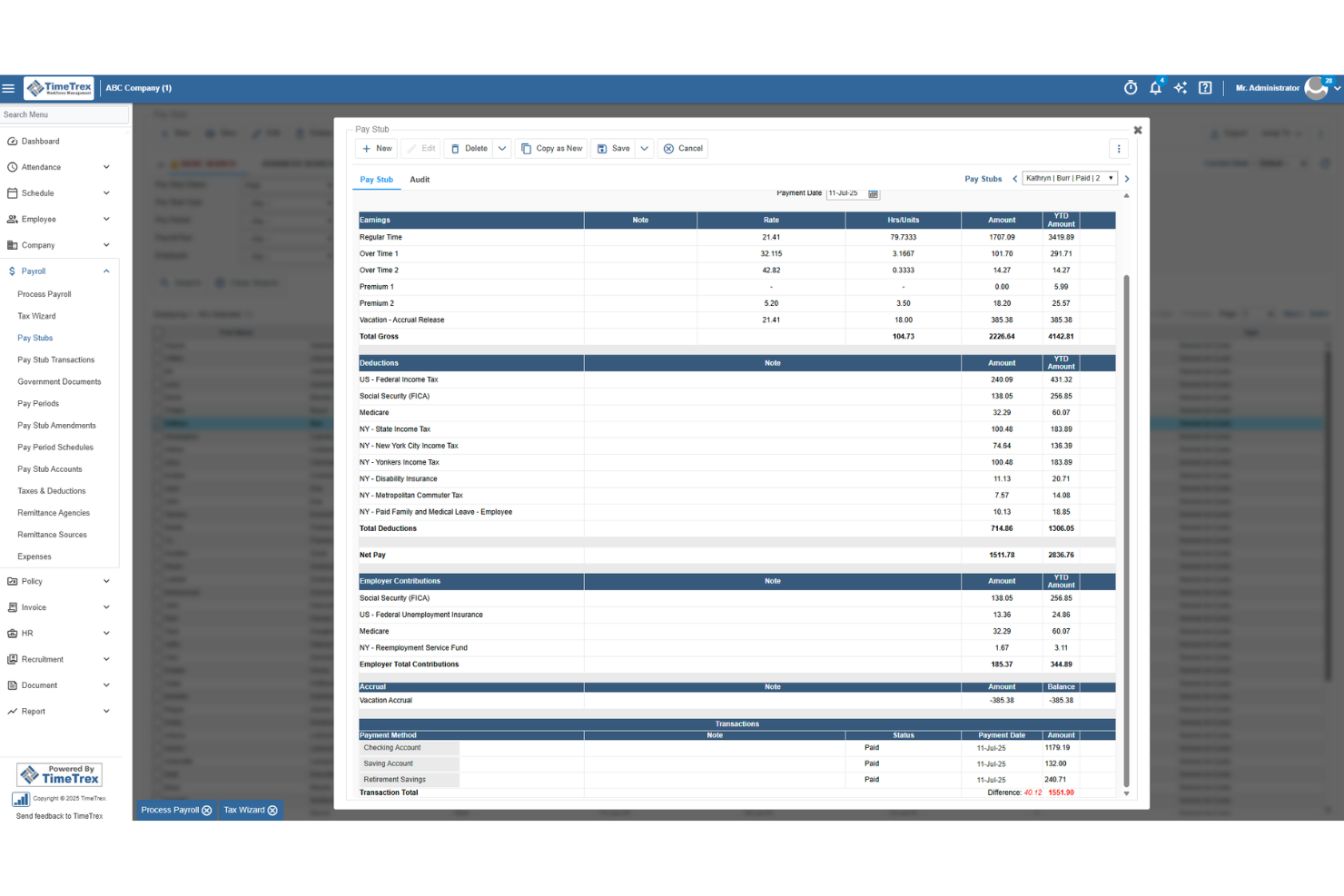 TimeTrex pay stub modal showing earnings, deductions, and payment transactions.