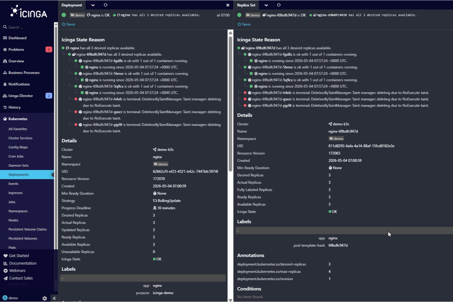 Icinga Deployments dashboard with labels, details, and annotations.
