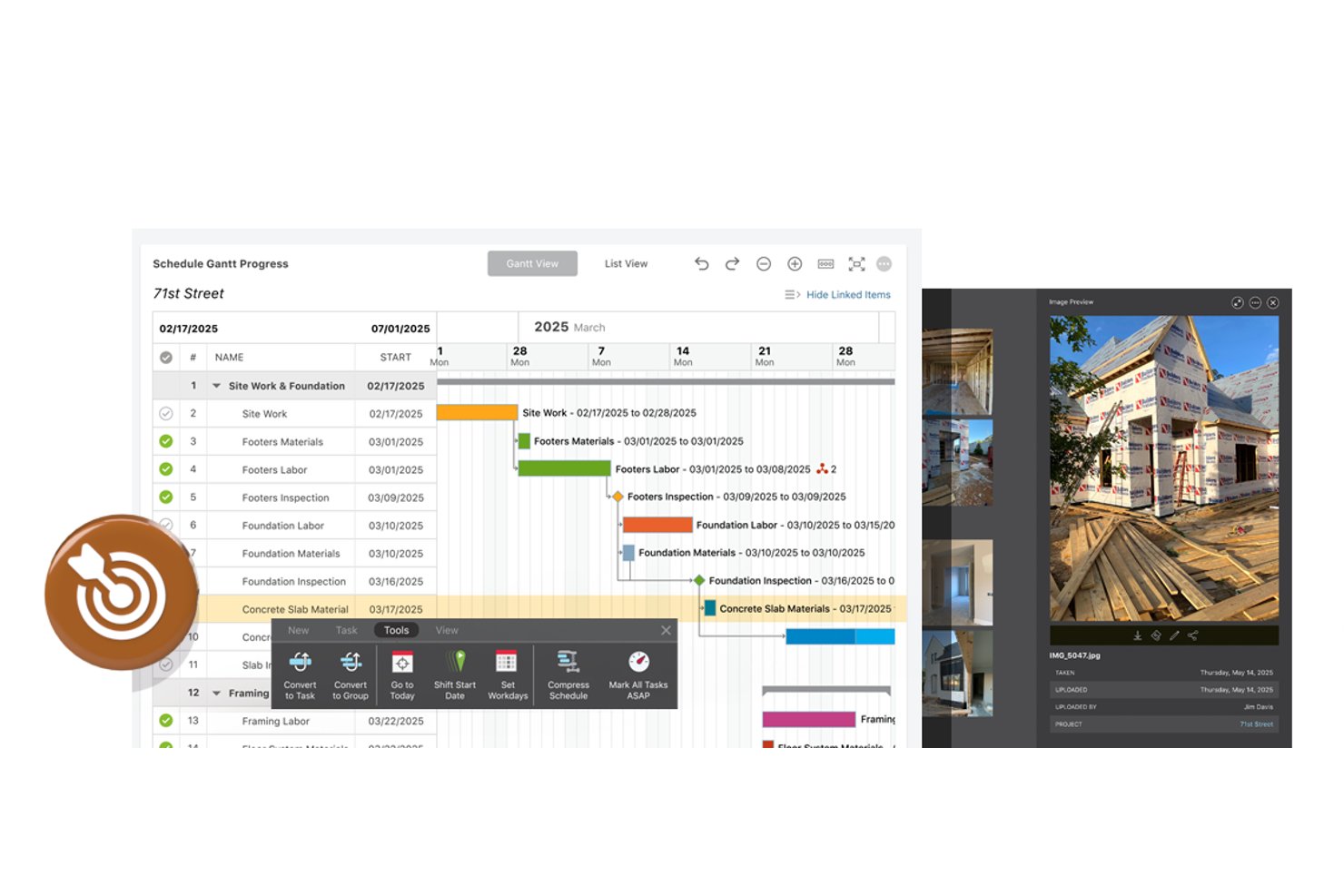 Gantt-schema i ConstructionOnline med uppgiftslista och förhandsvisningspanel för foto från byggarbetsplatsen.
