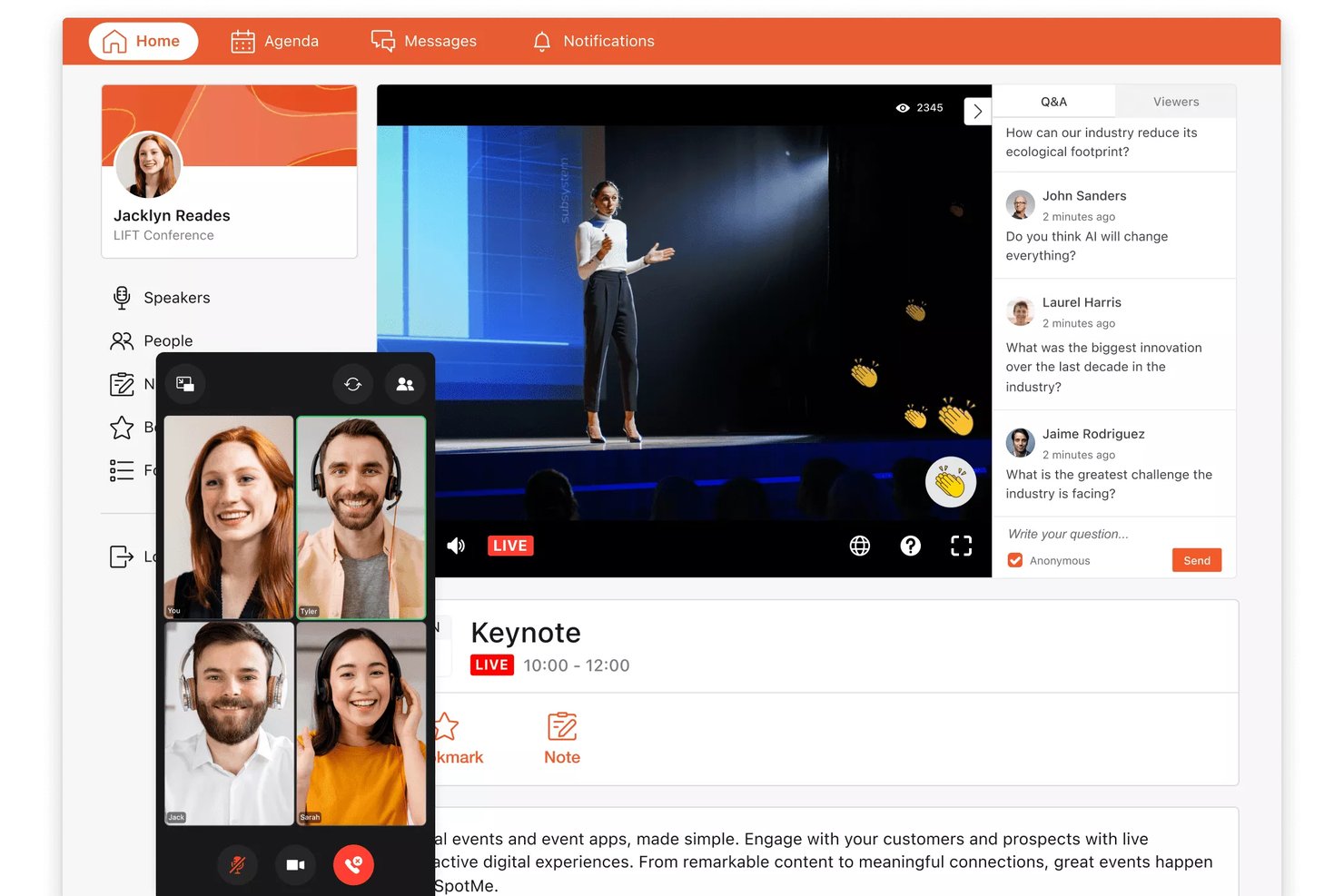 SpotMe event app showing a live keynote stream with Q&amp;A panel and video call overlay.