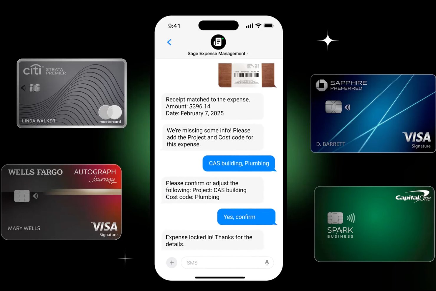 Telefon, der viser en sms-chat med Sage Expense Management-botten, som bekræfter udgiftsoplysninger.