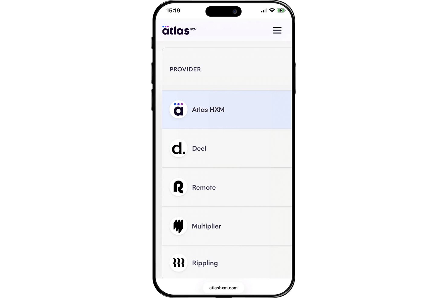 Mobilskærm, der viser en liste over udbydere, herunder Atlas HXM, Deel, Remote, Multiplier og Rippling.