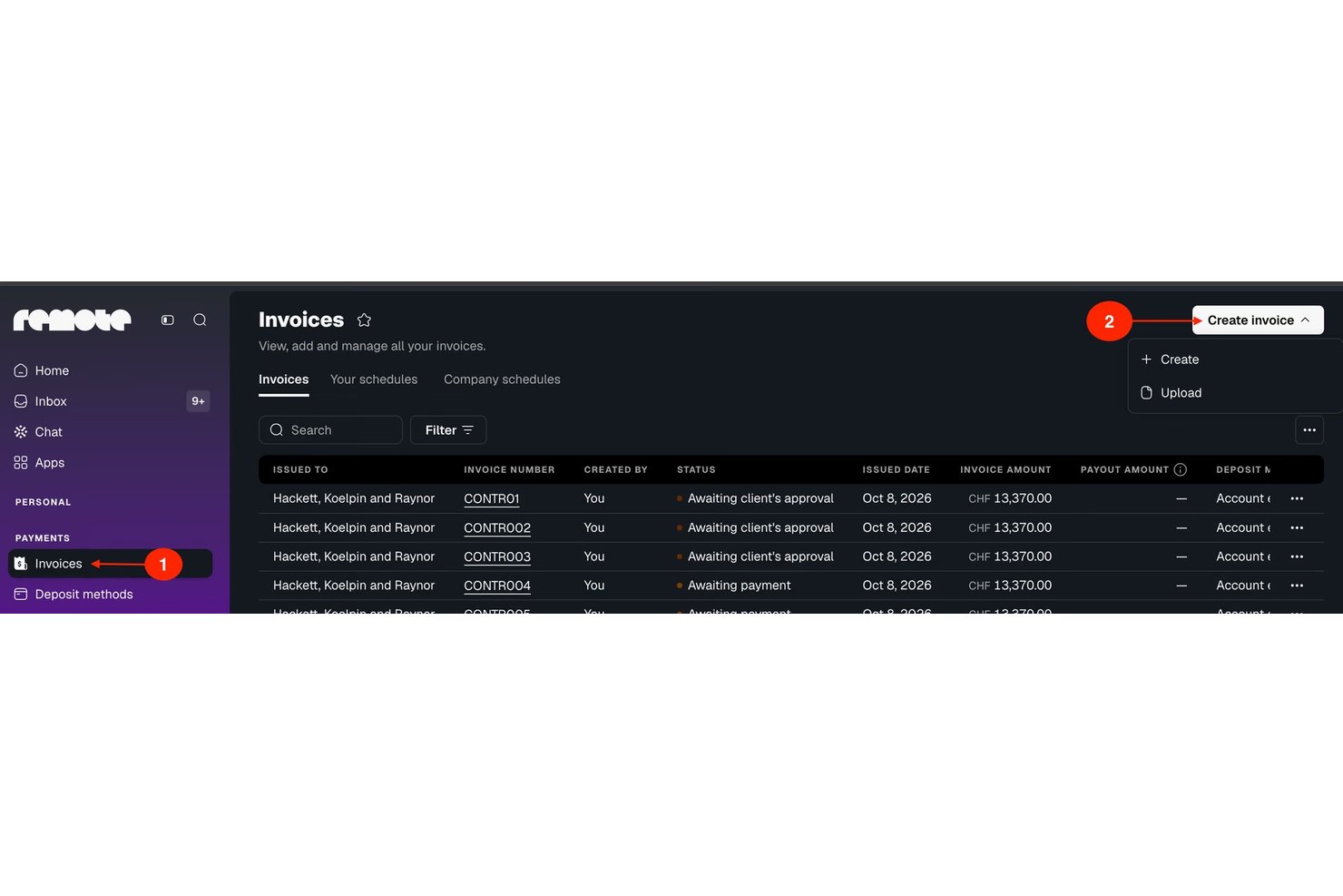 Remote platform invoices page showing list of invoices with create invoice dropdown menu open.