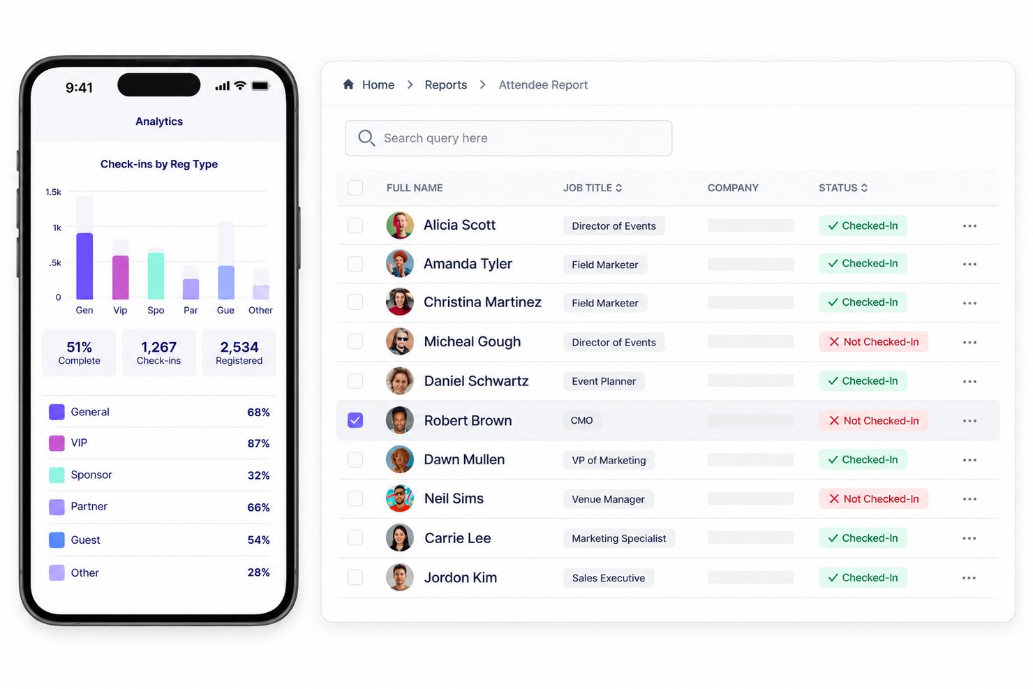 Swoogo unifies registration, sessions, speakers, check-in, rooms, and reporting.