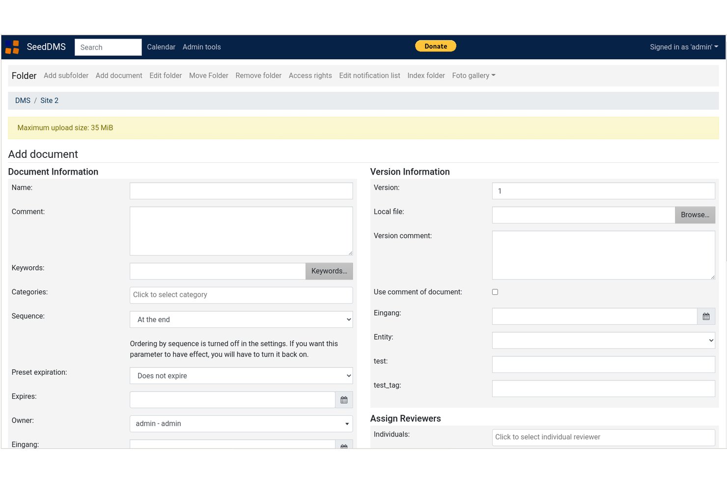 SeedDMS Add Document form with fields for name, keywords, version, and file upload.