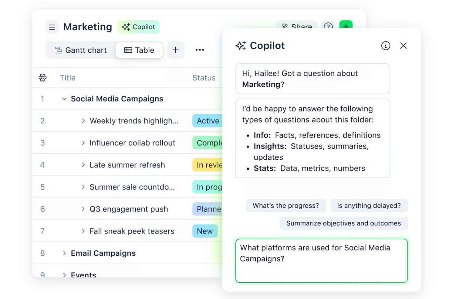 Wrike marketing project table with Copilot AI chat panel open on the right.
