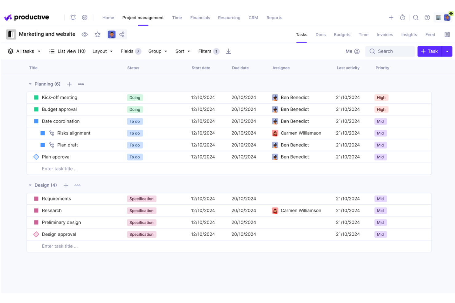 Productive screenshot - 10 beste Slack-integrerte programvarer for prosjektstyring i 2026