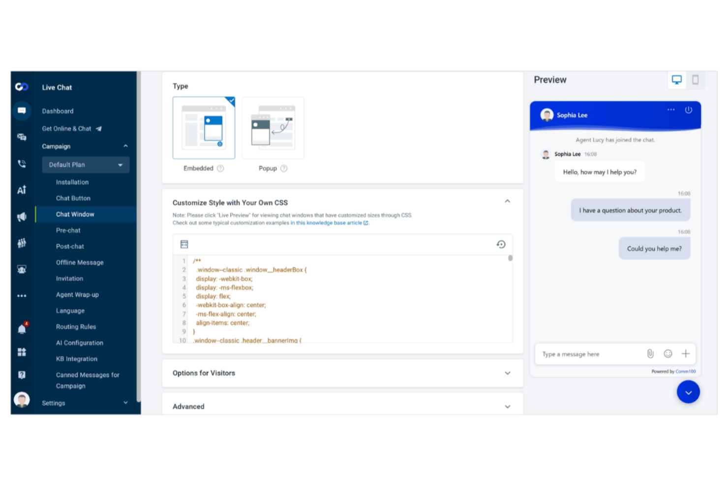 Live chat admin panel showing CSS customization and chat window preview.