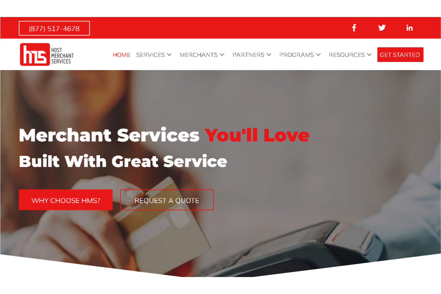 Página de inicio de Host Merchant Services con eslogan, dos botones de llamada a la acción y menú de navegación.