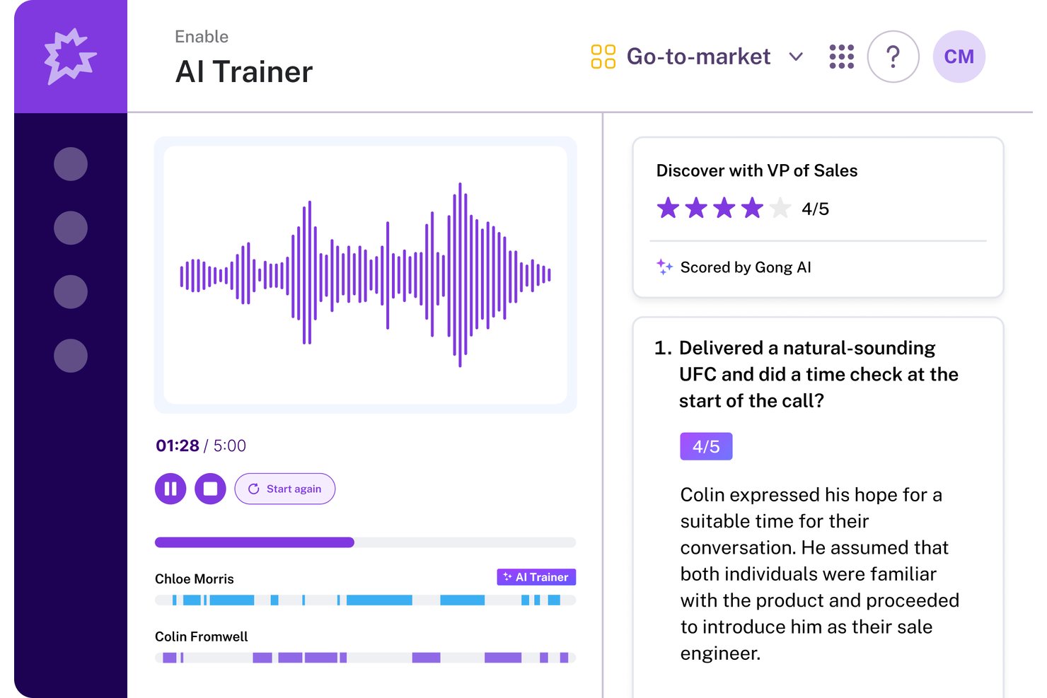 Gong AI Trainer interface showing call playback and AI-scored sales feedback.