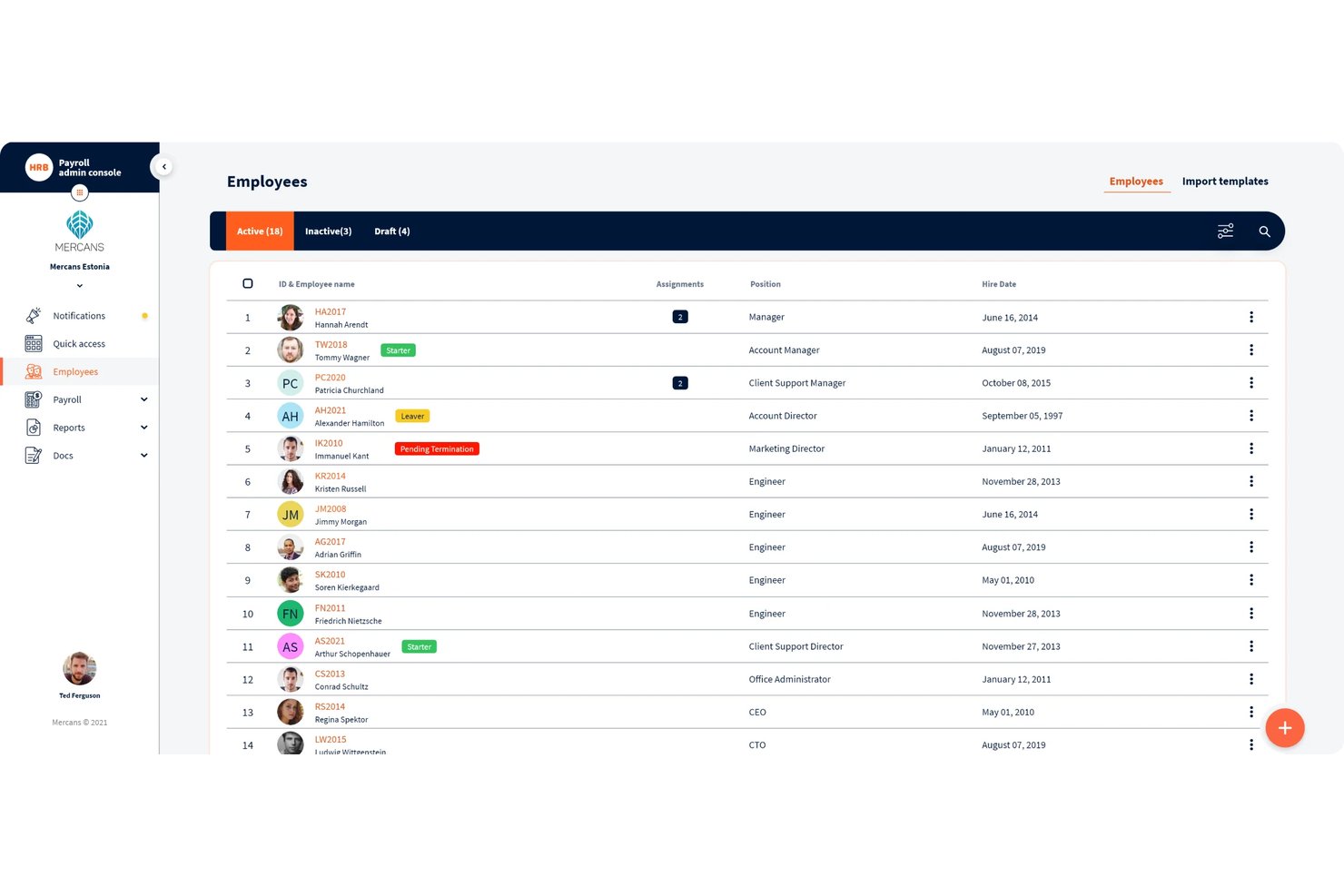 Console di amministrazione delle buste paga di Mercans che mostra l'elenco dei dipendenti attivi con ruoli e date di assunzione.