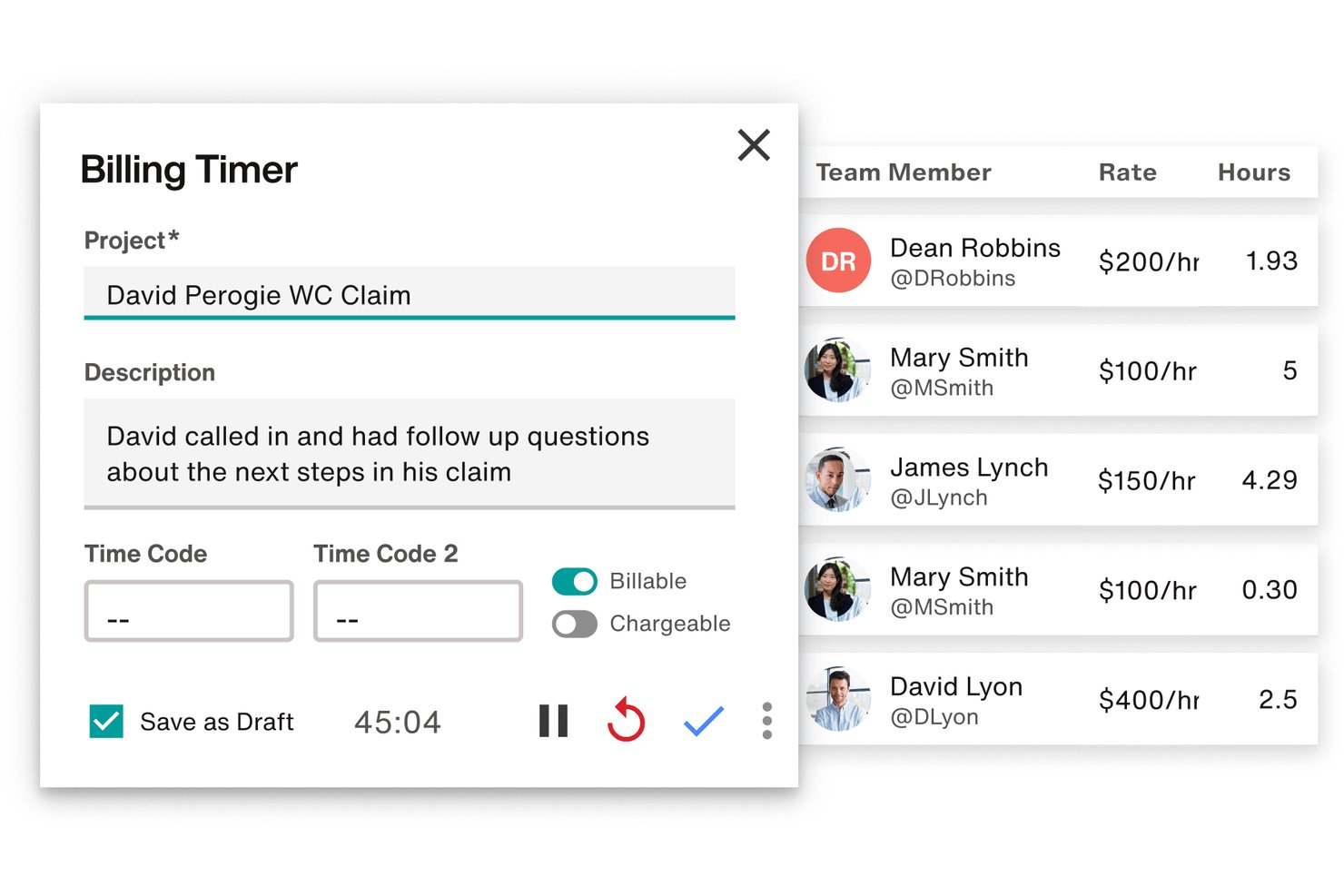 Billing timer modal with project, description fields, and team member rate list.