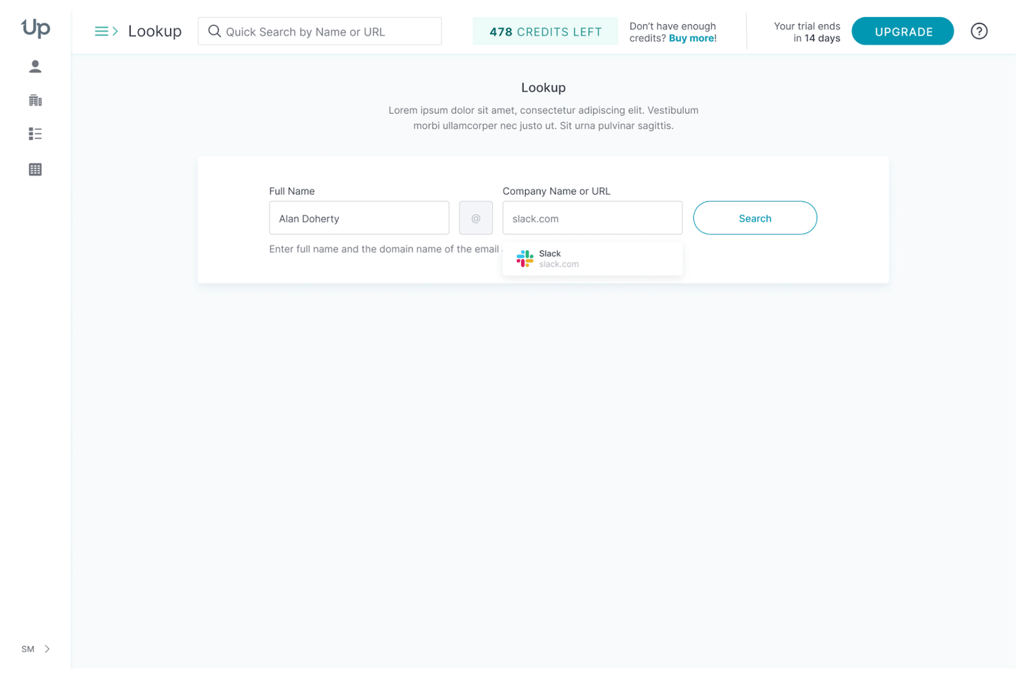 UpLead Lookup tool with name and company URL fields showing Slack suggestion.