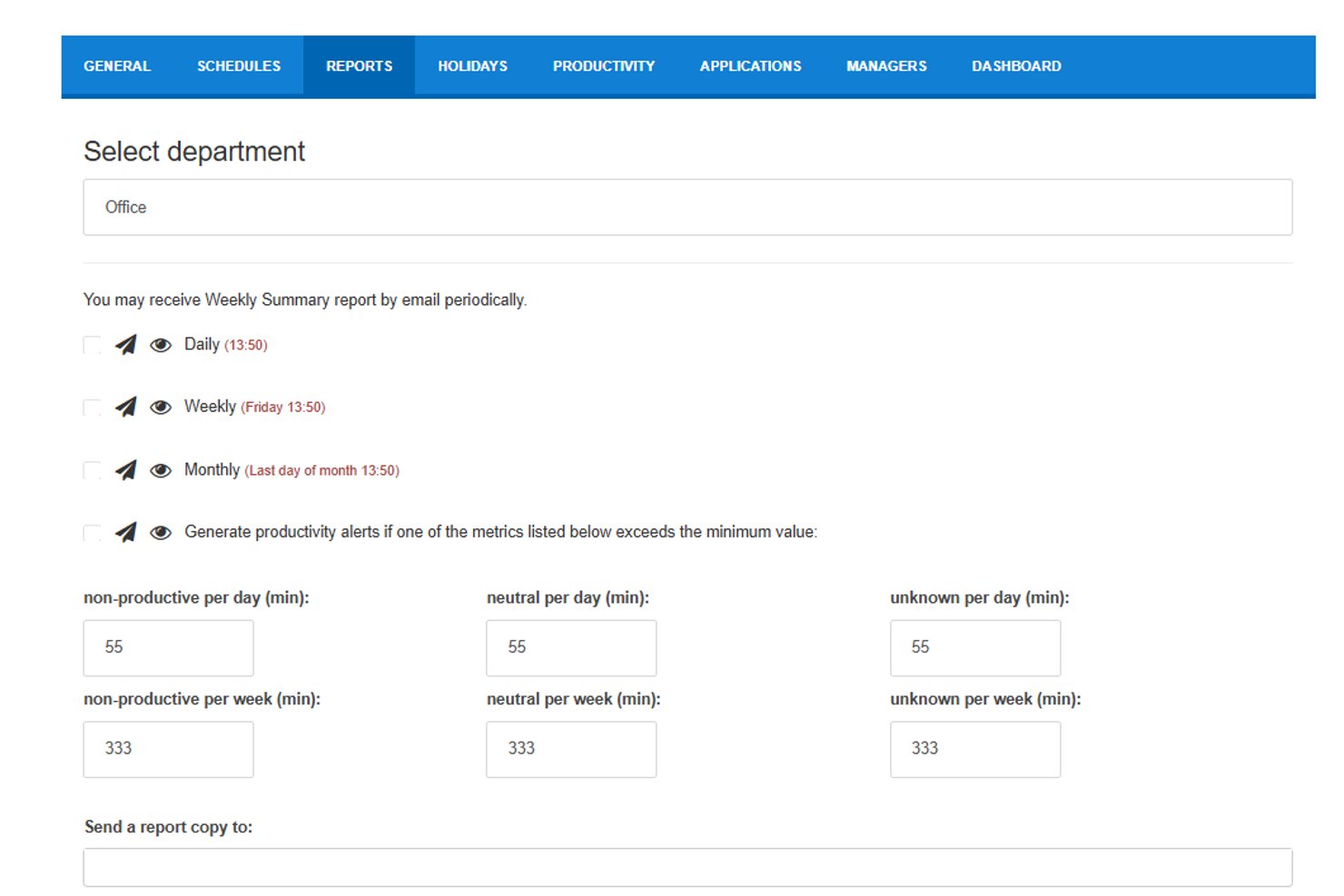 StaffCounter Reports tab showing scheduled email reports and productivity alert settings.
