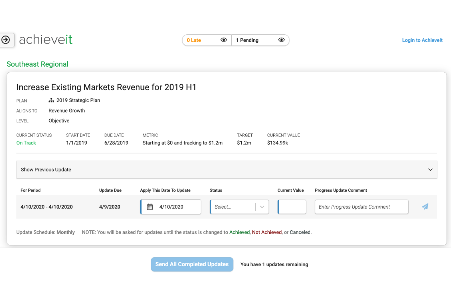 AchieveIt screenshot - 10 meilleures alternatives à Smartsheet que j’ai testées en 2026