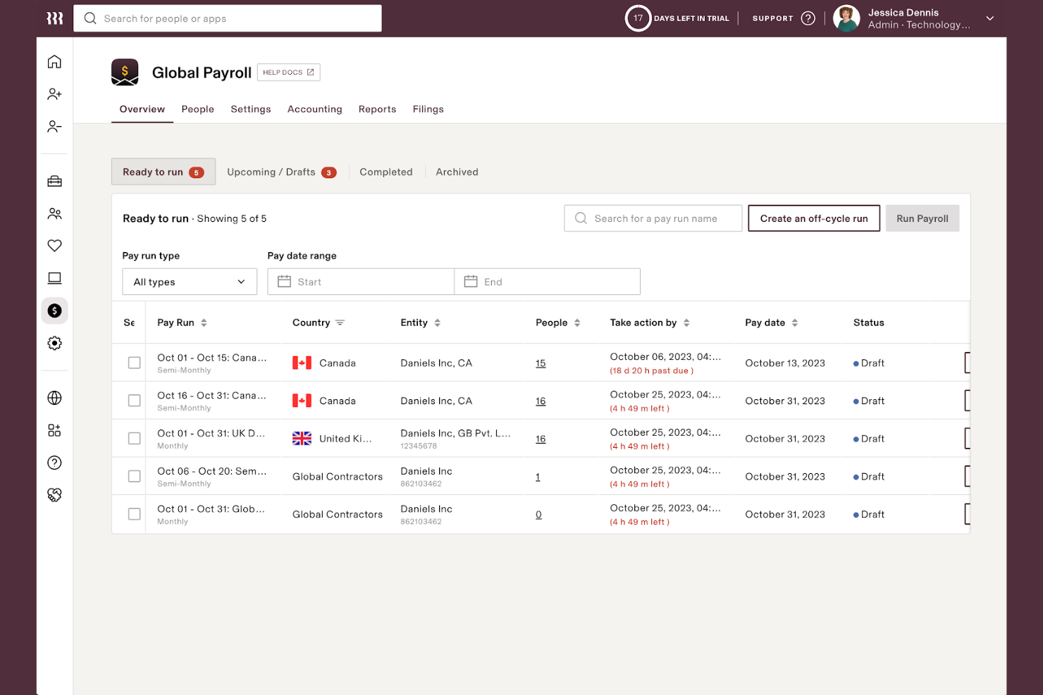 Rippling Global Payroll dashboard showing five pay runs ready to process.