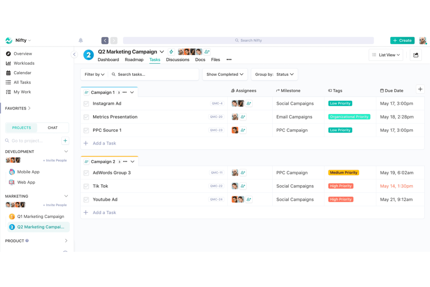 Nifty task list view showing Q2 Marketing Campaign with grouped tasks, assignees, and due dates.