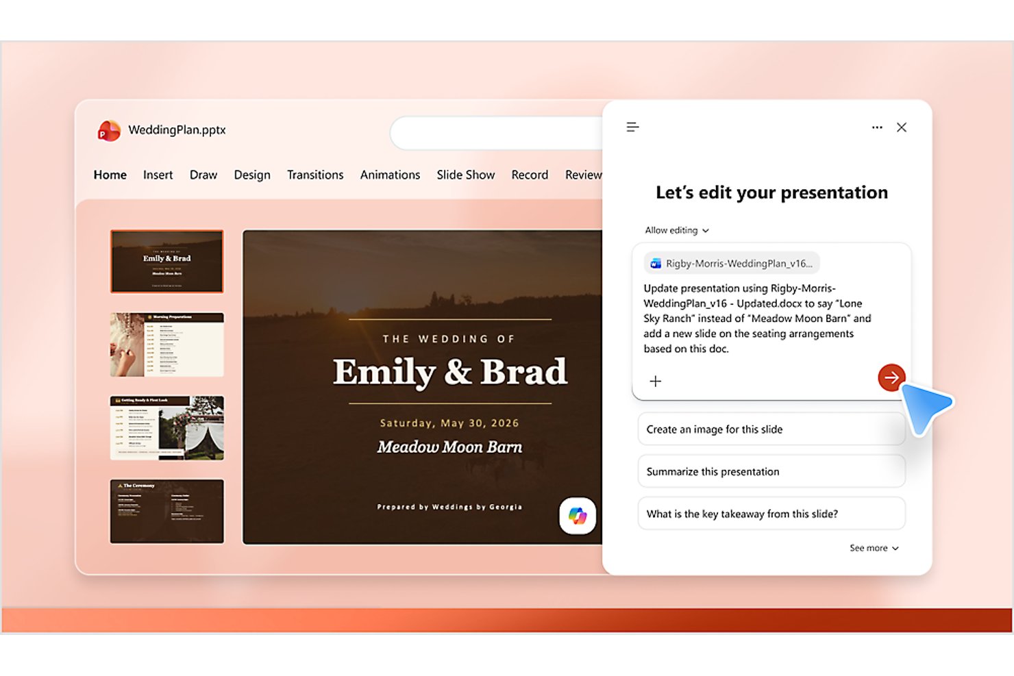 Microsoft PowerPoint with Copilot panel open editing a wedding presentation slide.