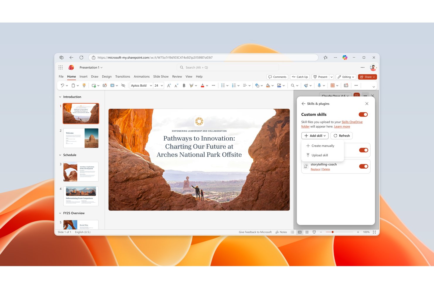 Microsoft PowerPoint Skills &amp; plugins panel showing custom skills toggle and Add skill menu.